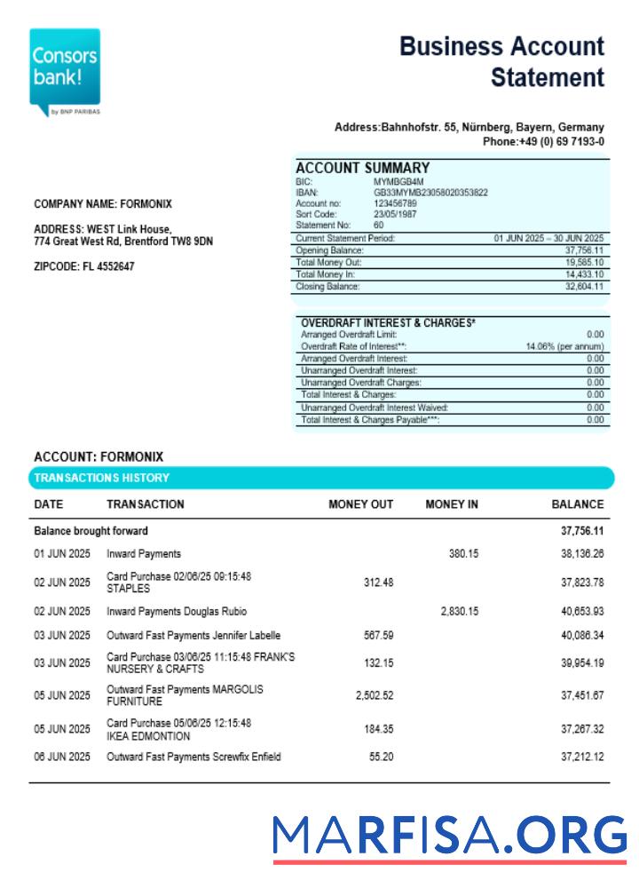 Realistic Consorsbank business organization checking statement Word and PDF format template